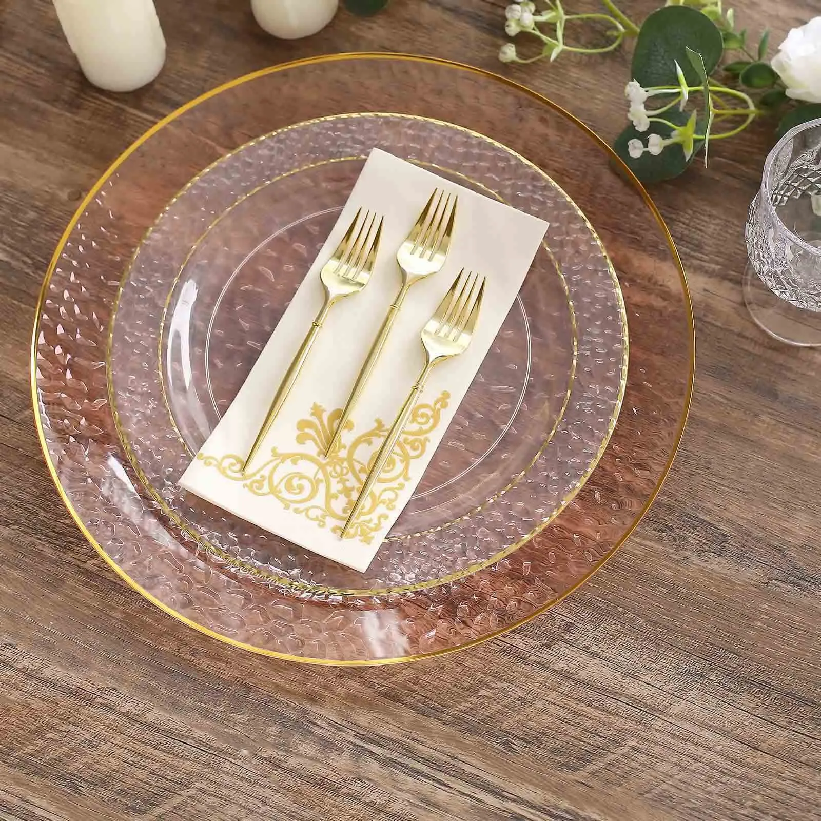 10 Pack Transparent Blush Hammered Economy Plastic Charger Plates With Gold Rim, 13" Round Dinner Chargers Event Tabletop Decor