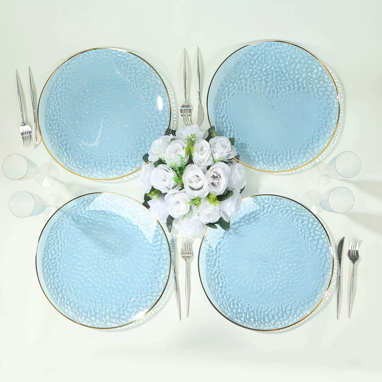 10 Pack Transparent Dusty Blue Hammered Economy Plastic Charger Plates With Gold Rim, 13" Round Dinner Chargers Event Tabletop Decor