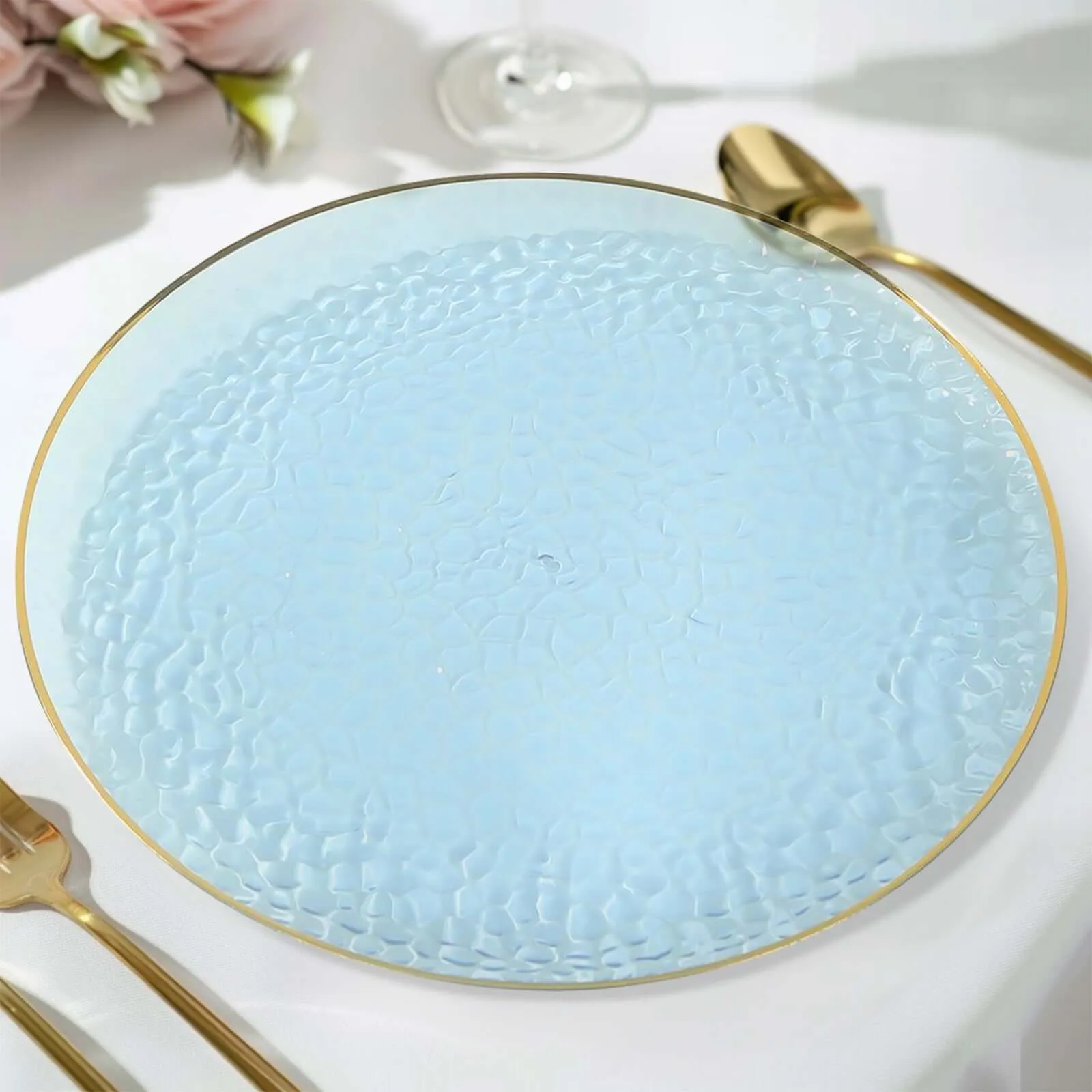 10 Pack Transparent Dusty Blue Hammered Economy Plastic Charger Plates With Gold Rim, 13" Round Dinner Chargers Event Tabletop Decor