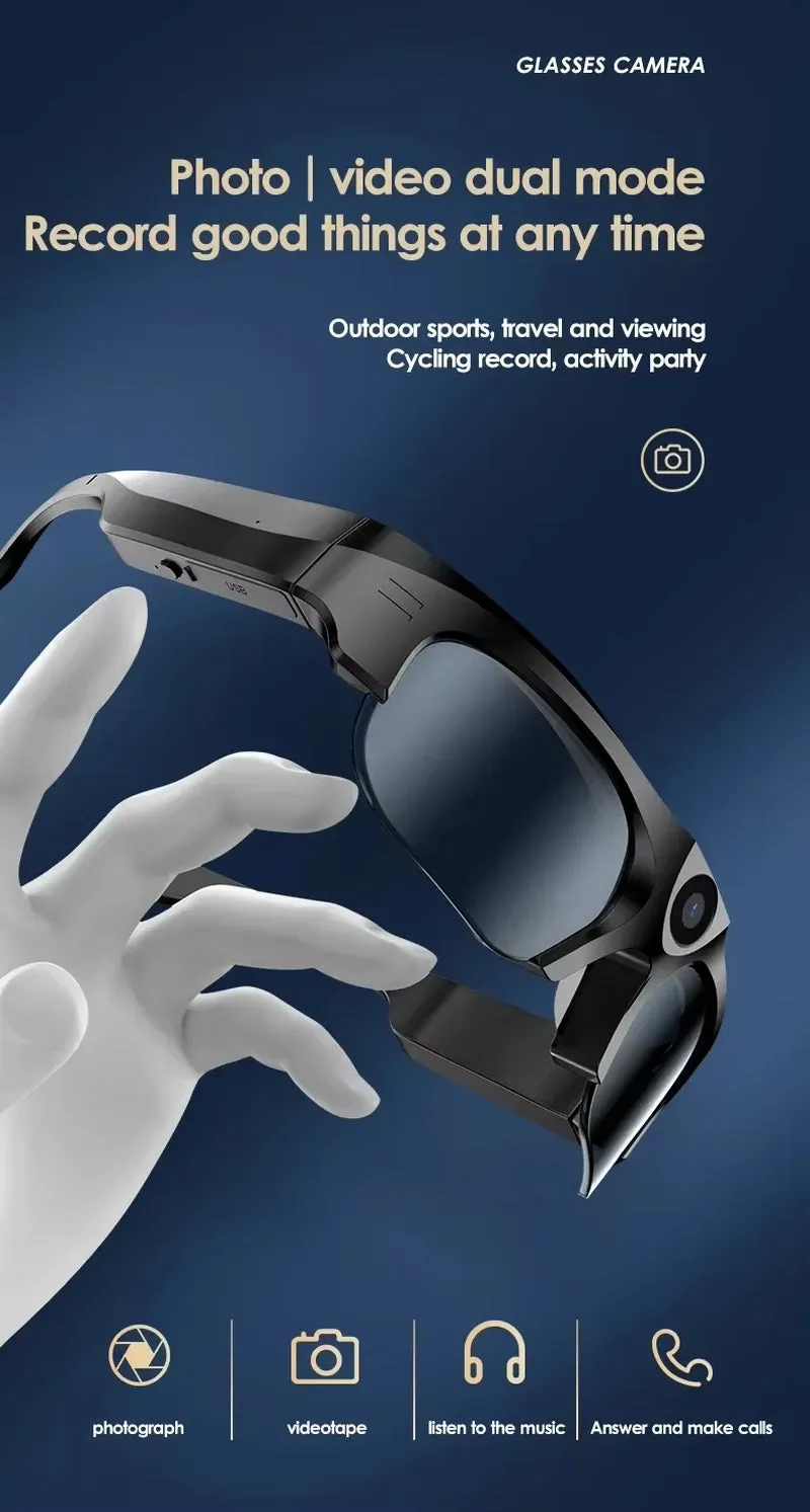 2K HD Action Camera Glasses Video Recording Sport Sunglasses with Bluetooth Speakers Call Smart Glasses 4K Ultra Mini Camera