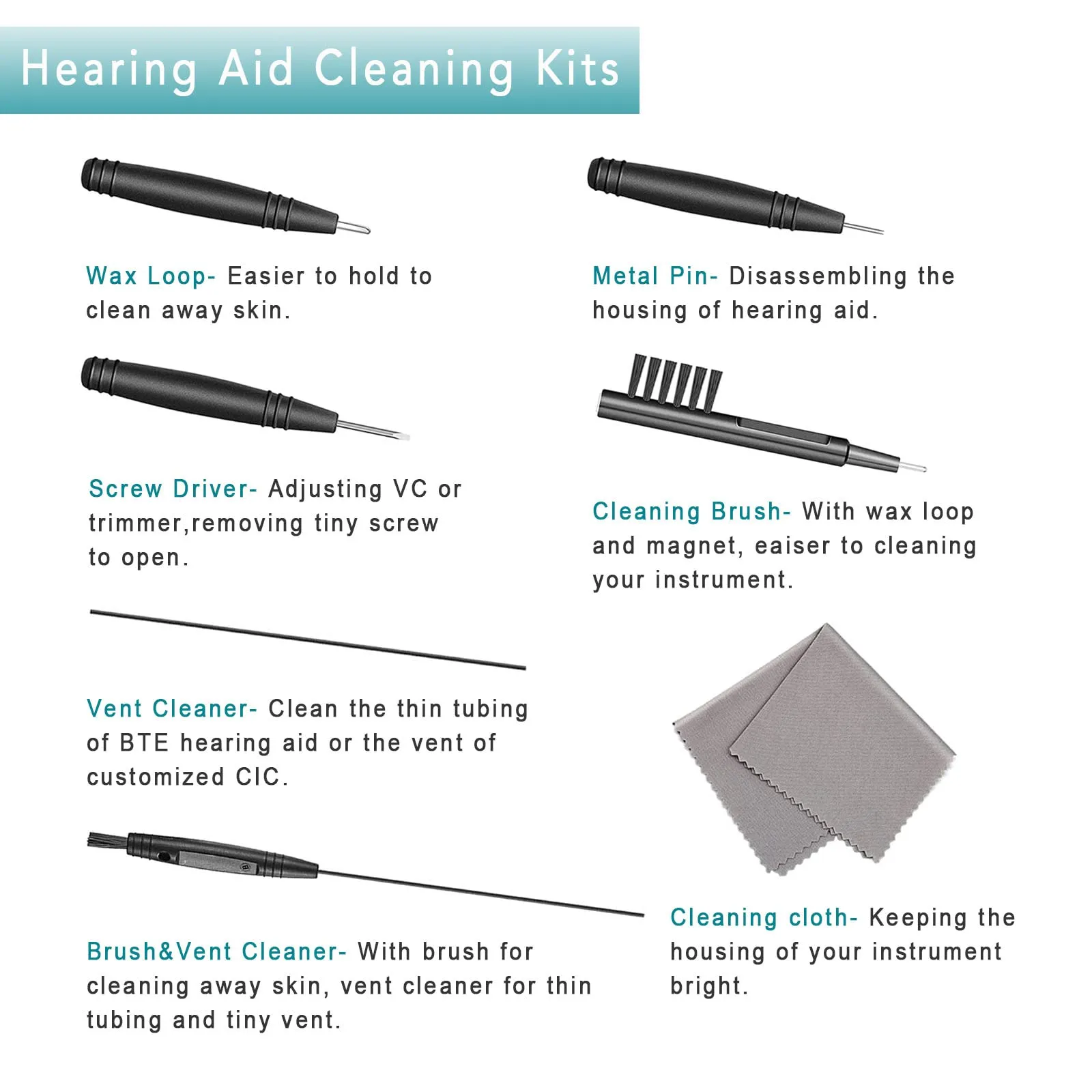 8 Pieces Hearing Aid Case Pocket Size with Cleaning Cloth Brush Tools for Sound Amplifier(Black)