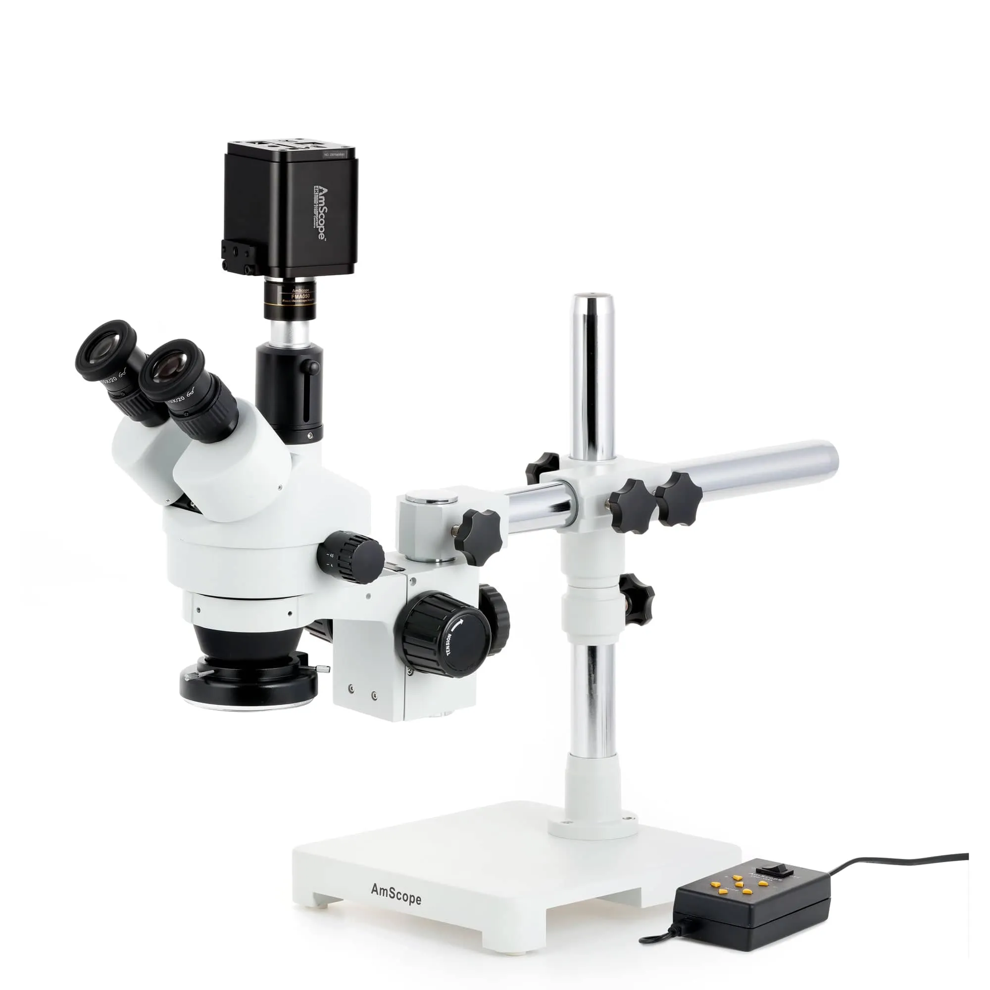 AmScope Zoom Trinocular Stereo Microscope 7X-45X Magnification Range, SM-3 Series on Single Arm Boom Stand   Four-Zone 144-LED Ring Light   Optional 4K Camera
