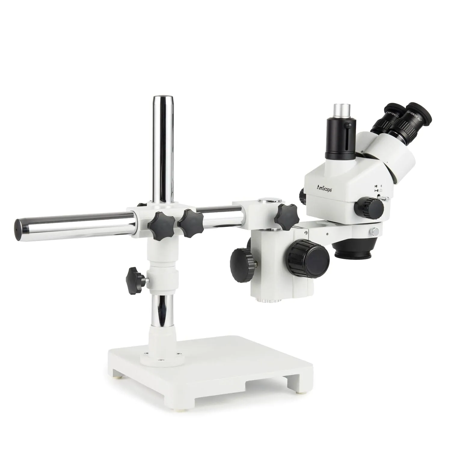 AmScope Zoom Trinocular Stereo Microscope 7X-45X Magnification Range, SM-3 Series on Single Arm Boom Stand   Four-Zone 144-LED Ring Light   Optional 4K Camera