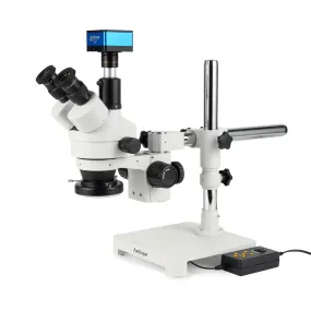 AmScope Zoom Trinocular Stereo Microscope 7X-45X Magnification Range, SM-3 Series on Single Arm Boom Stand   Four-Zone 144-LED Ring Light   Optional 4K Camera