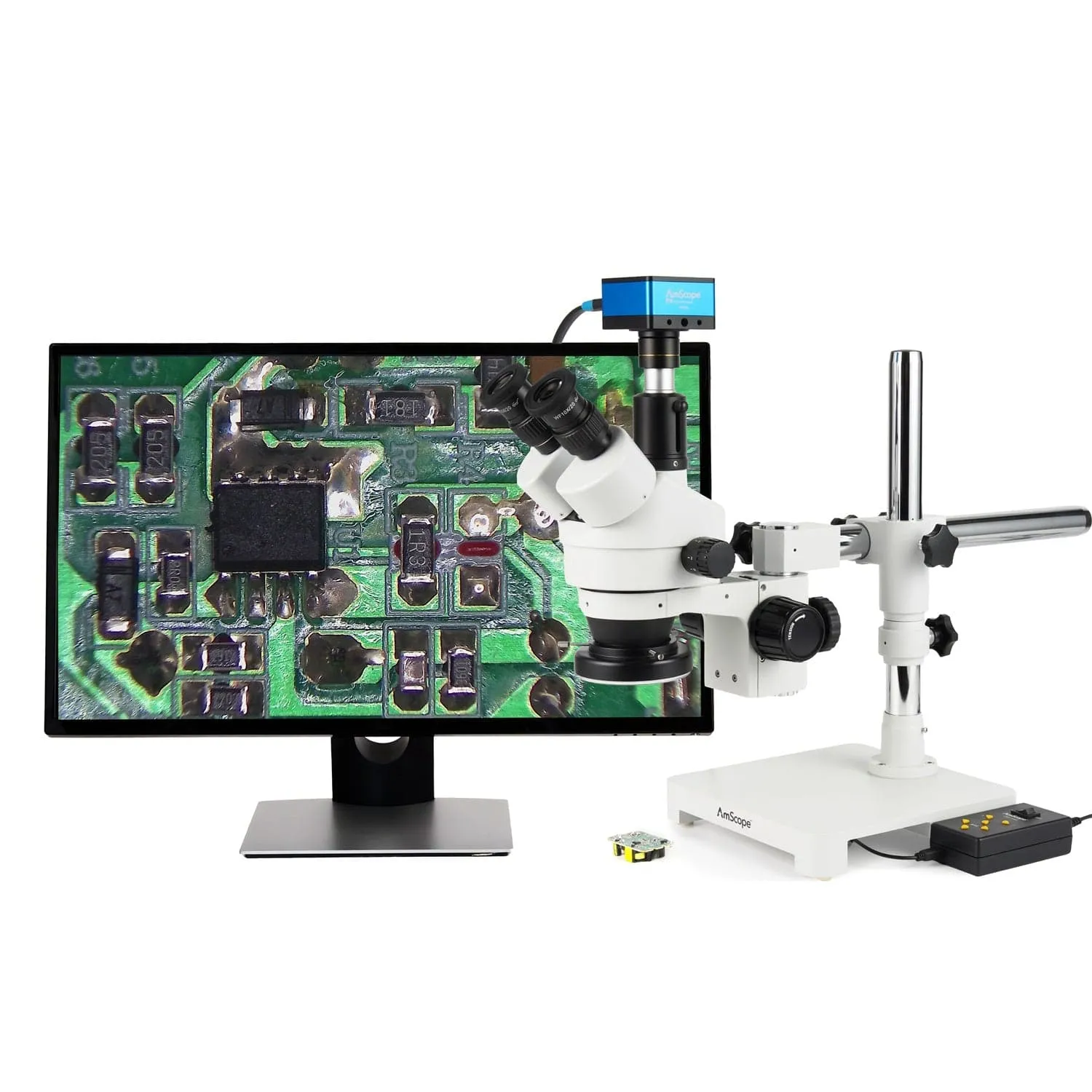 AmScope Zoom Trinocular Stereo Microscope 7X-45X Magnification Range, SM-3 Series on Single Arm Boom Stand   Four-Zone 144-LED Ring Light   Optional 4K Camera