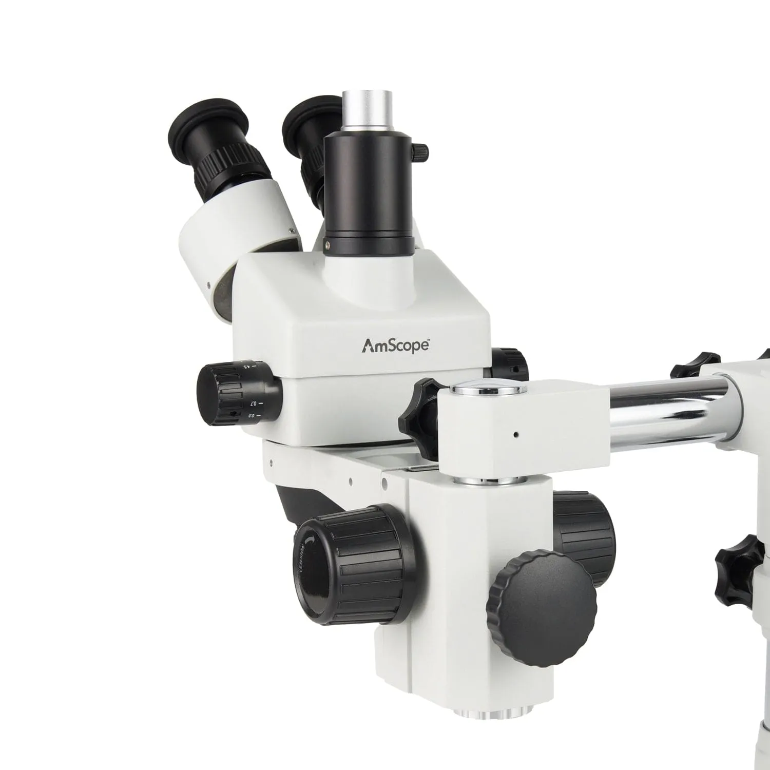 AmScope Zoom Trinocular Stereo Microscope 7X-45X Magnification Range, SM-3 Series on Single Arm Boom Stand   Four-Zone 144-LED Ring Light   Optional 4K Camera