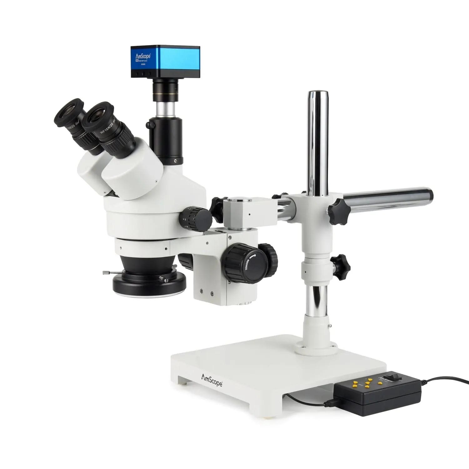 AmScope Zoom Trinocular Stereo Microscope 7X-45X Magnification Range, SM-3 Series on Single Arm Boom Stand   Four-Zone 144-LED Ring Light   Optional 4K Camera