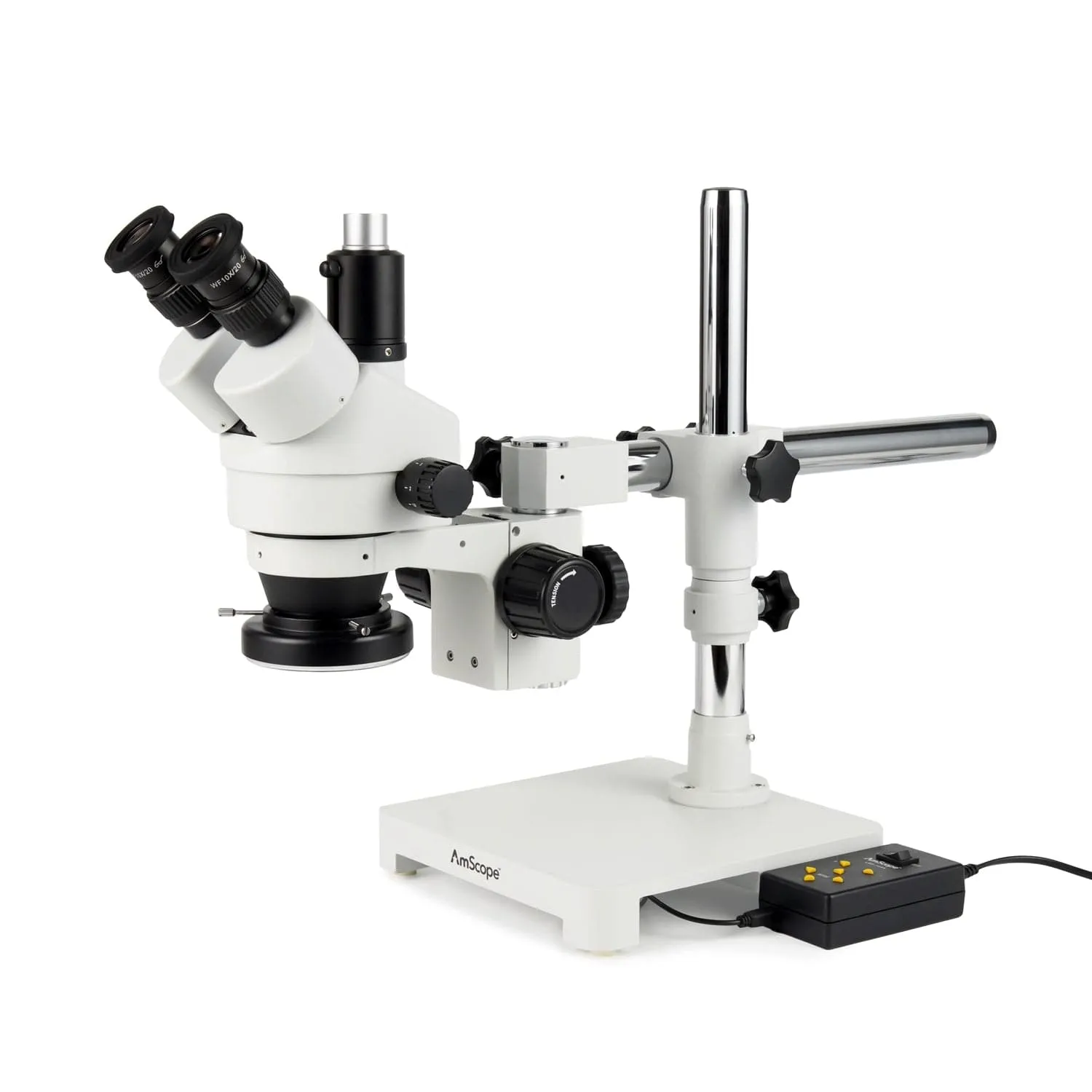 AmScope Zoom Trinocular Stereo Microscope 7X-45X Magnification Range, SM-3 Series on Single Arm Boom Stand   Four-Zone 144-LED Ring Light   Optional 4K Camera