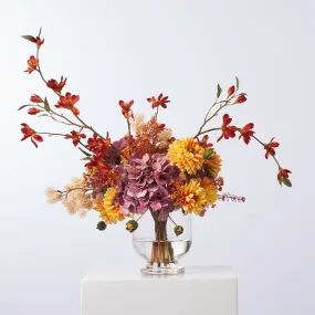 Autumn Sunrise - Mauve Hydrangea, Yellow Orange Dahlia, Mini Magnolia & Thistle Pods Fall Floral Water Illusion Arrangement