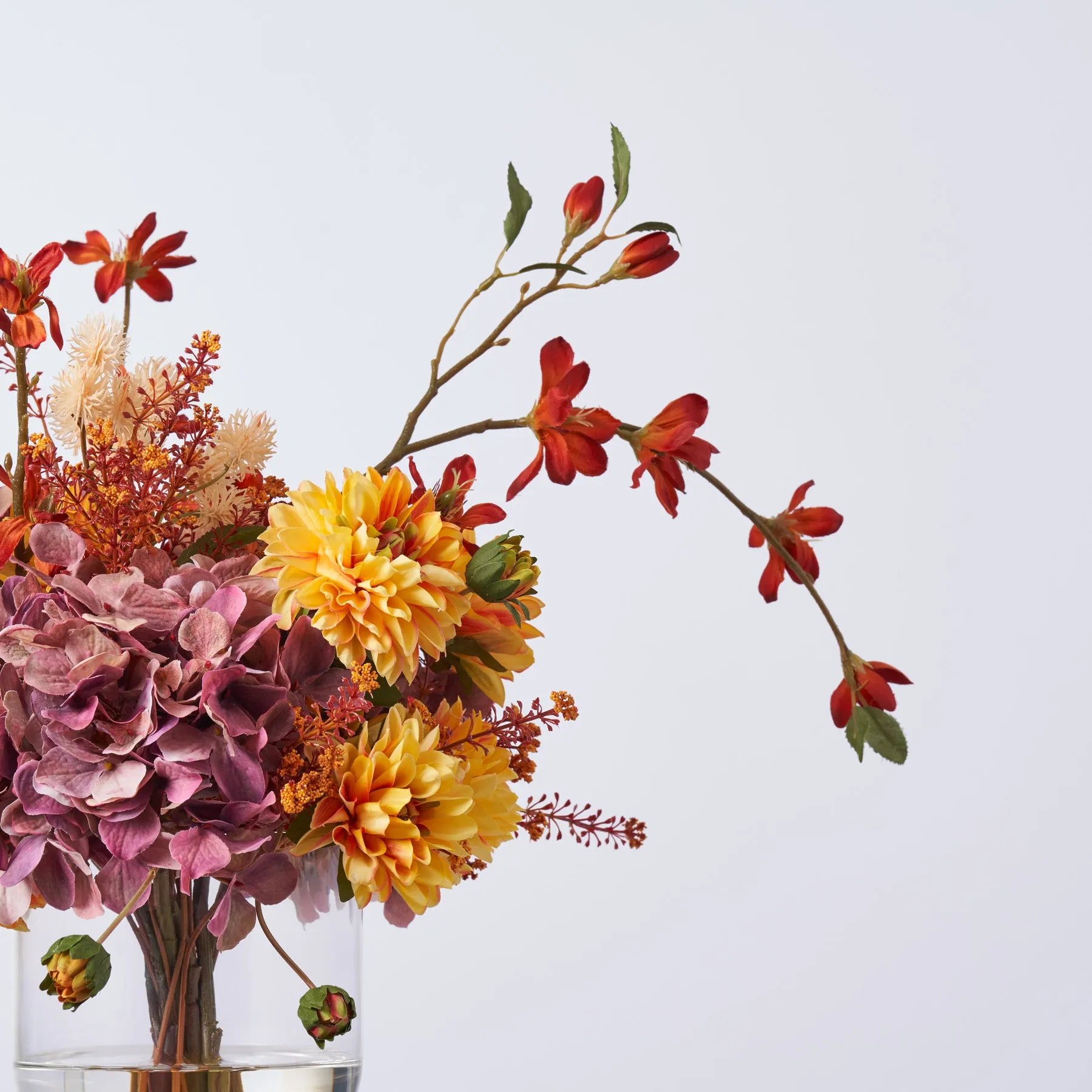 Autumn Sunrise - Mauve Hydrangea, Yellow Orange Dahlia, Mini Magnolia & Thistle Pods Fall Floral Water Illusion Arrangement