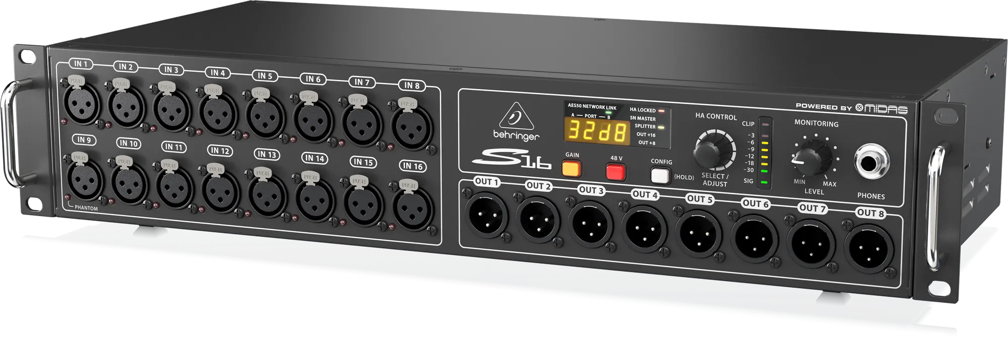 Behringer S16 I/O Box with 16 Remote-Controllable Midas Preamps, 8 Outputs and AES50 Networking featuring Klark Teknik SuperMAC Technology
