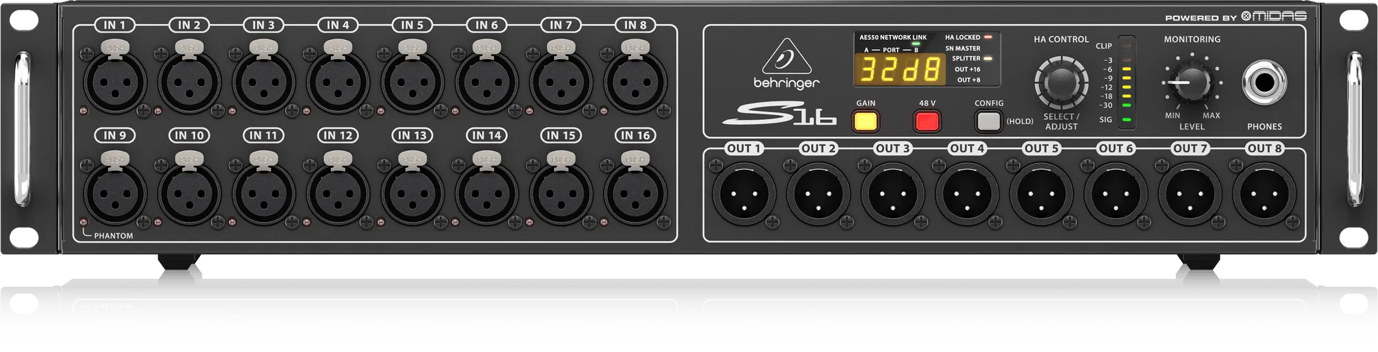 Behringer S16 I/O Box with 16 Remote-Controllable Midas Preamps, 8 Outputs and AES50 Networking featuring Klark Teknik SuperMAC Technology