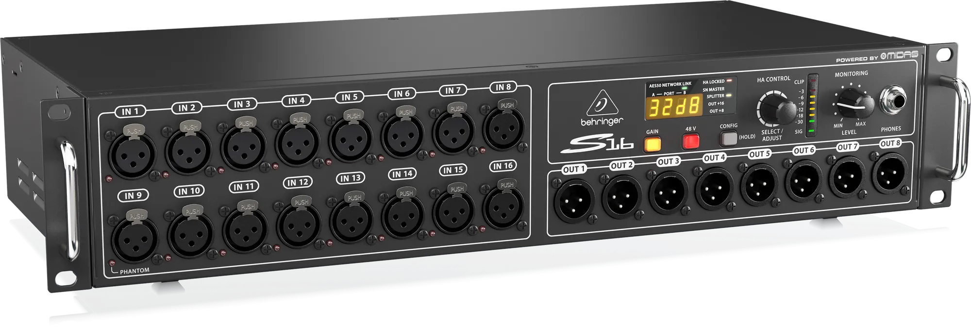 Behringer S16 I/O Box with 16 Remote-Controllable Midas Preamps, 8 Outputs and AES50 Networking featuring Klark Teknik SuperMAC Technology