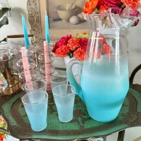Blendo Frosted Glass Pitcher with 4 Small Juice Glasses- Aqua / Blue Glass with Gold Trim
