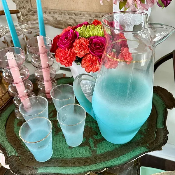 Blendo Frosted Glass Pitcher with 4 Small Juice Glasses- Aqua / Blue Glass with Gold Trim