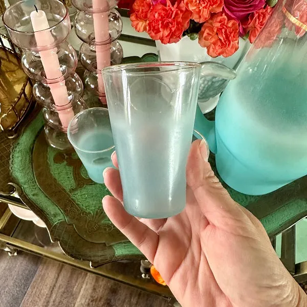 Blendo Frosted Glass Pitcher with 4 Small Juice Glasses- Aqua / Blue Glass with Gold Trim