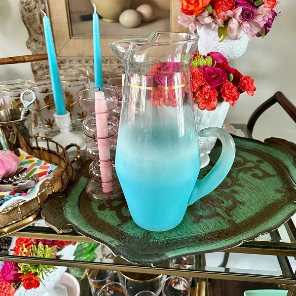 Blendo Frosted Glass Pitcher with 4 Small Juice Glasses- Aqua / Blue Glass with Gold Trim