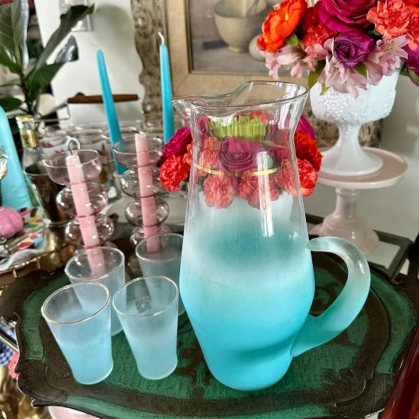 Blendo Frosted Glass Pitcher with 4 Small Juice Glasses- Aqua / Blue Glass with Gold Trim