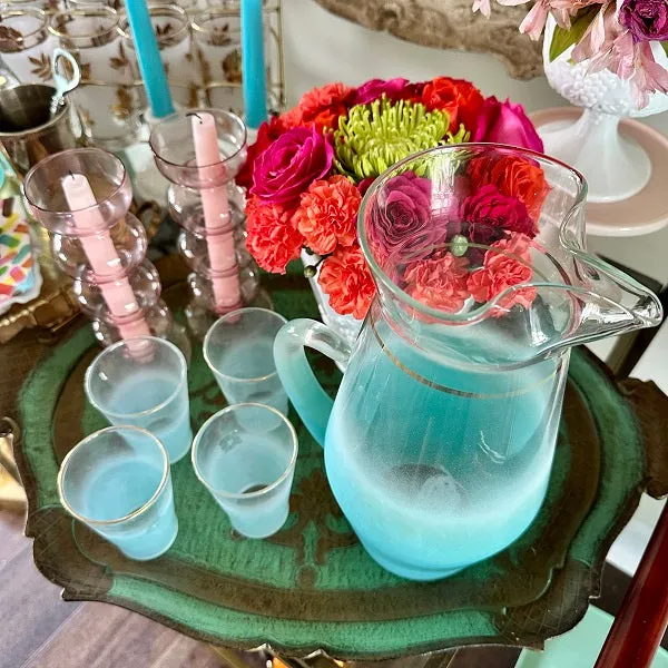 Blendo Frosted Glass Pitcher with 4 Small Juice Glasses- Aqua / Blue Glass with Gold Trim