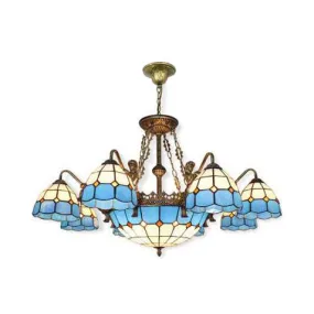 Blue Tiffany Grid Ceiling Chandelier with 9/13 Cut Glass Lights
