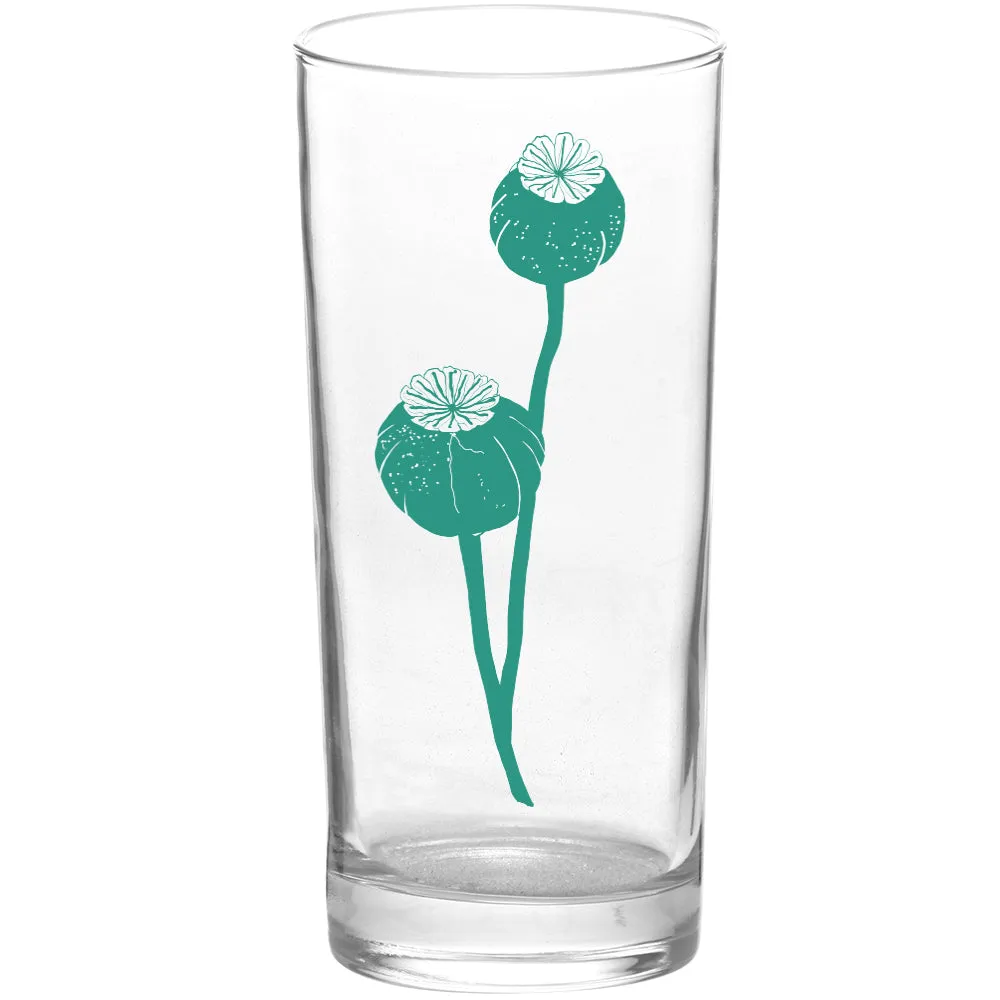 Botanical Poppy Pod Color Aqua Tall Collins Glass - Botanical Series