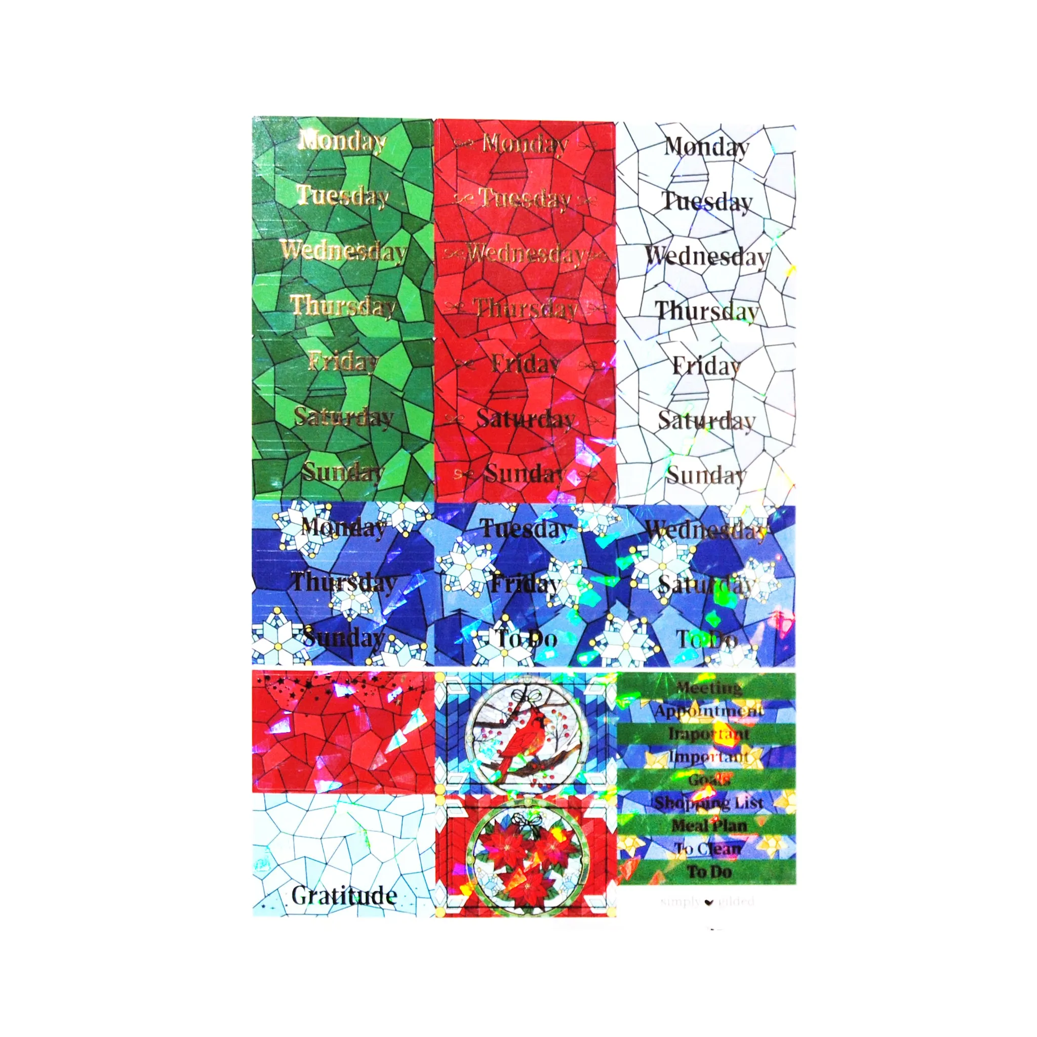 Christmas Stained Glass Luxe Sticker Kit (light gold foil / iridescent crystal shard overlay) (you pick)
