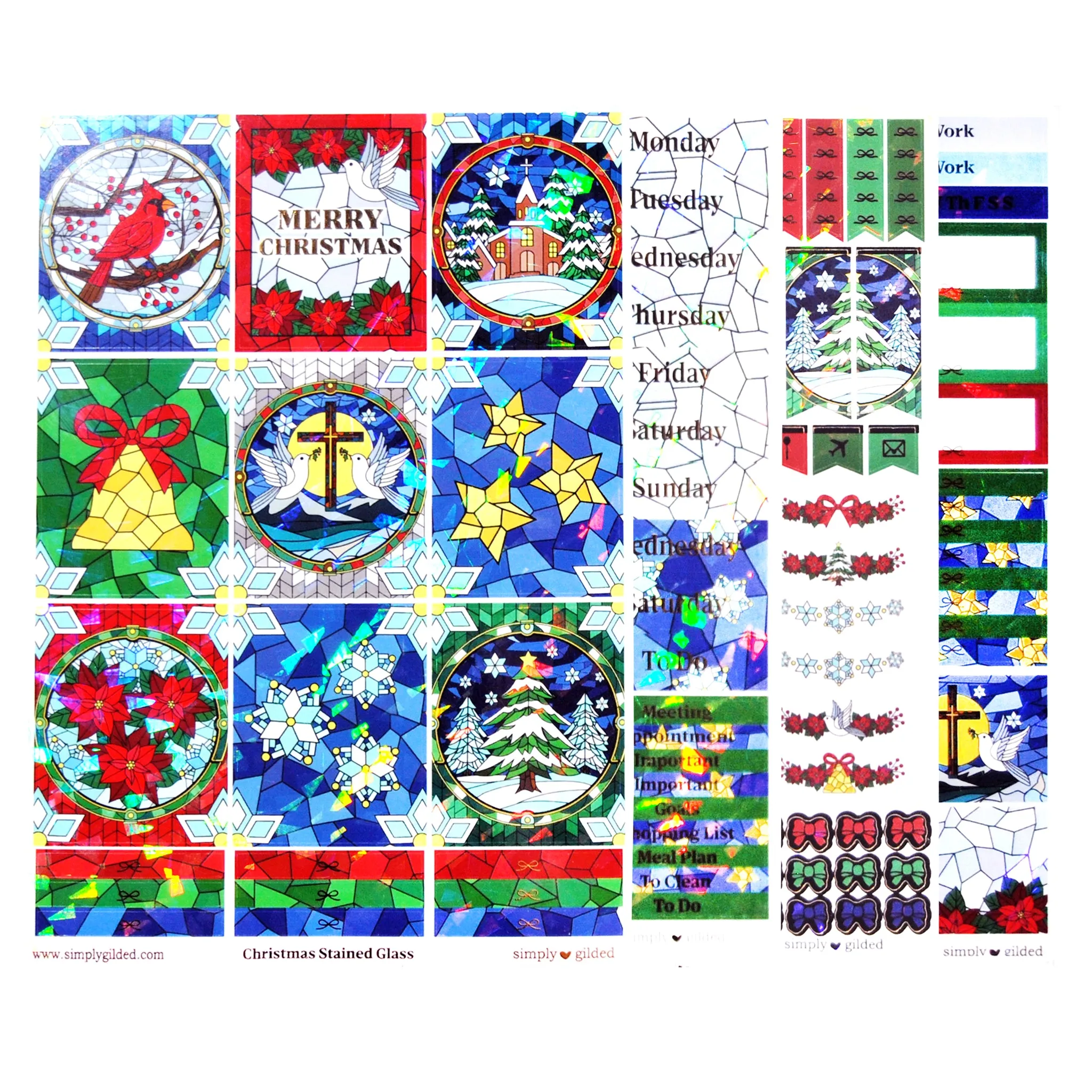 Christmas Stained Glass Luxe Sticker Kit (light gold foil / iridescent crystal shard overlay) (you pick)