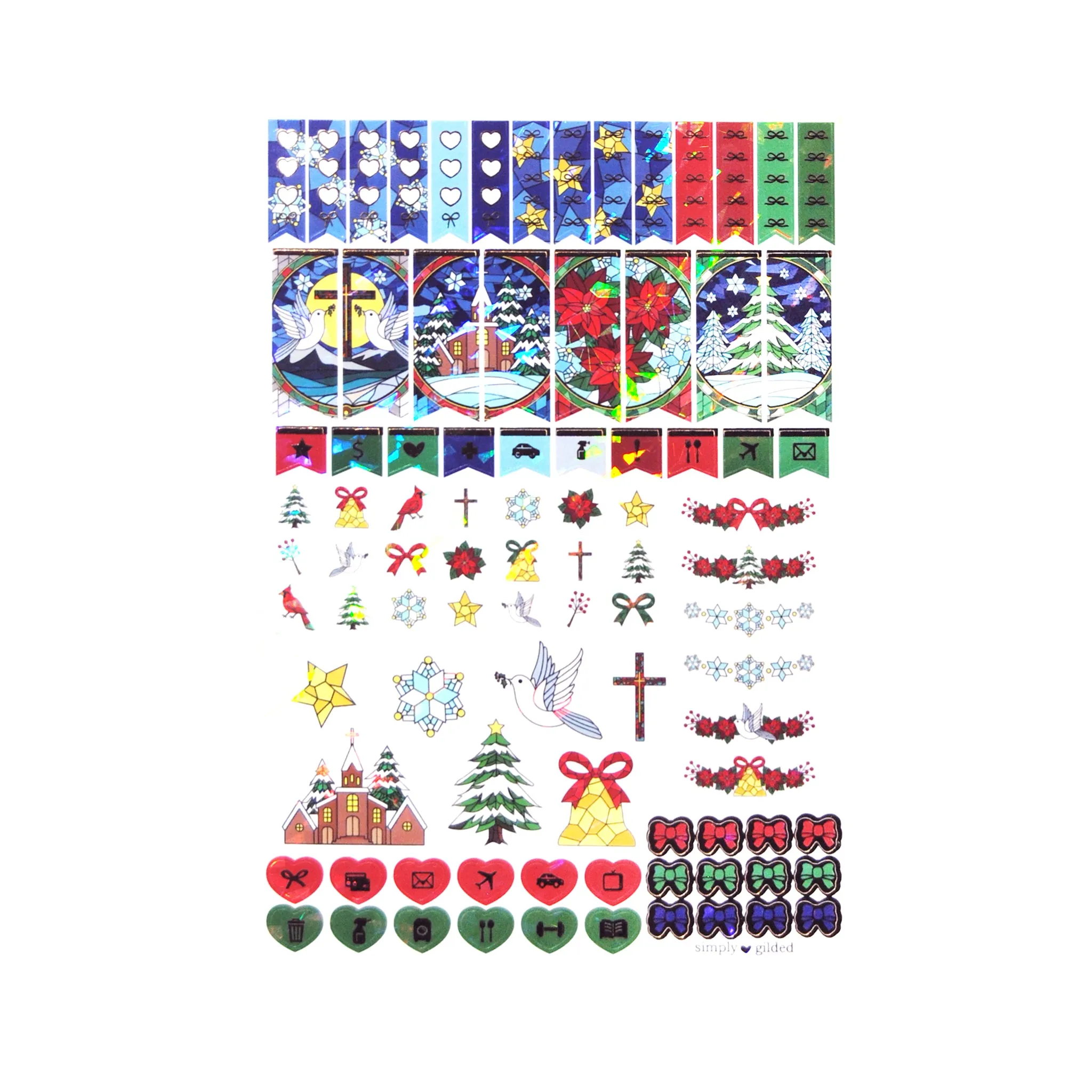 Christmas Stained Glass Luxe Sticker Kit (light gold foil / iridescent crystal shard overlay) (you pick)