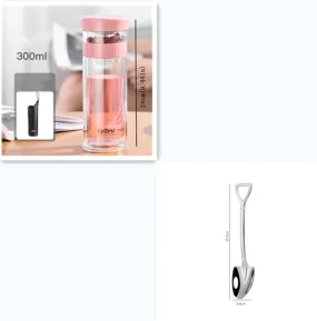 Color: Pink with spoon, Size: 300ml - 400ml Portable Double Wall