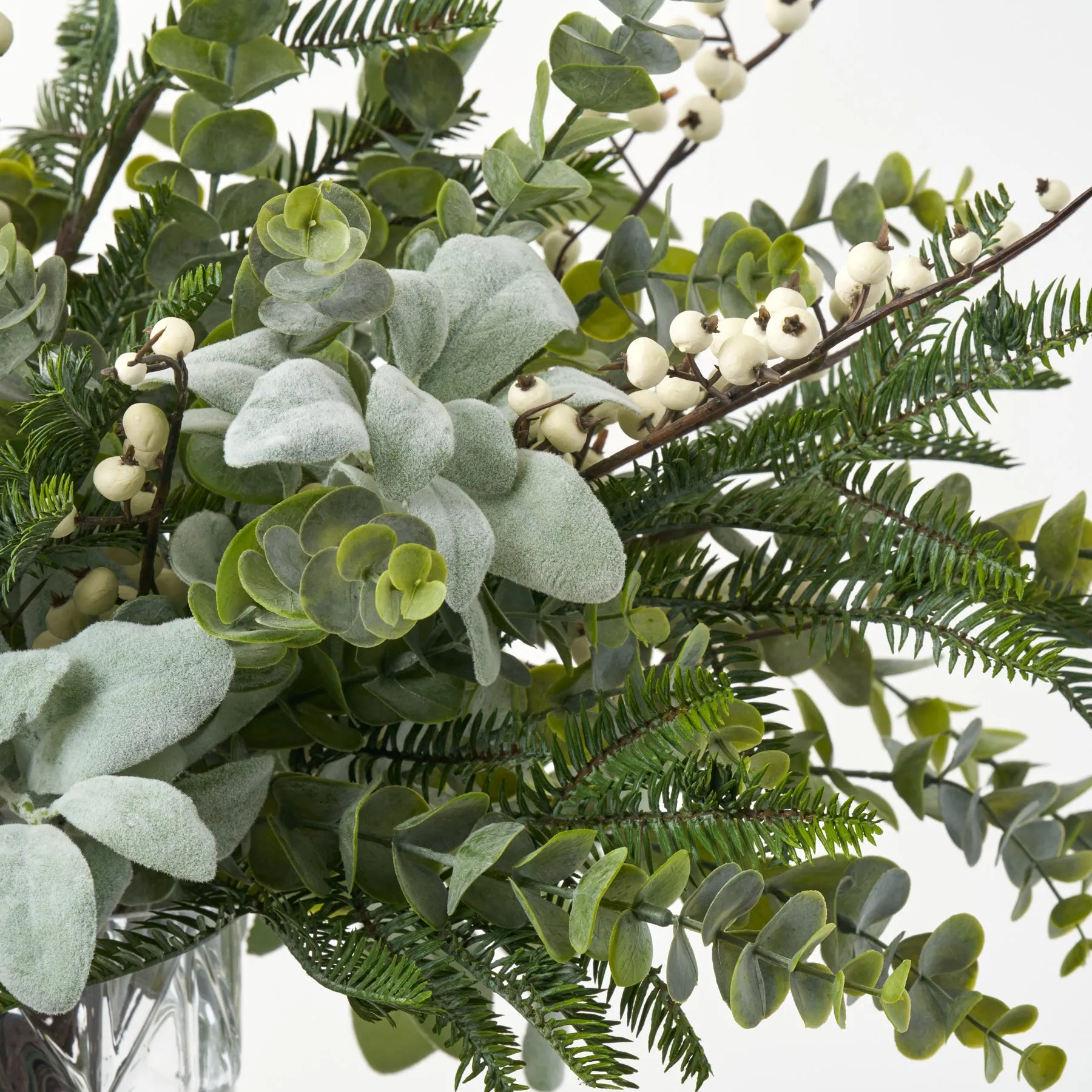 Deluxe Winter Green - Fraser Fir, Eucalyptus, Lamb's Ear & White Snowberry in Beveled Glass Vase Large Holiday Centerpiece Water Illusion Arrangement