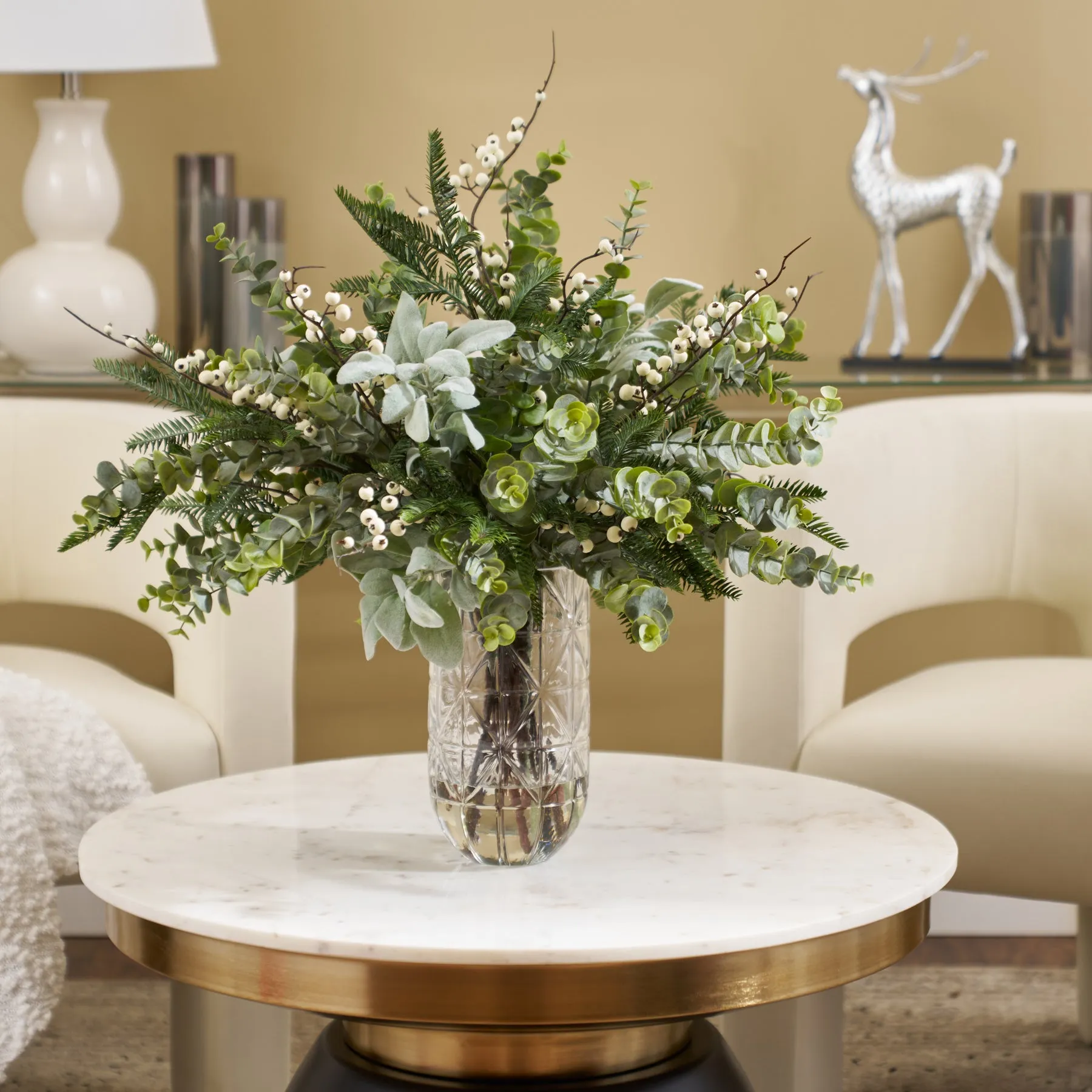 Deluxe Winter Green - Fraser Fir, Eucalyptus, Lamb's Ear & White Snowberry in Beveled Glass Vase Large Holiday Centerpiece Water Illusion Arrangement