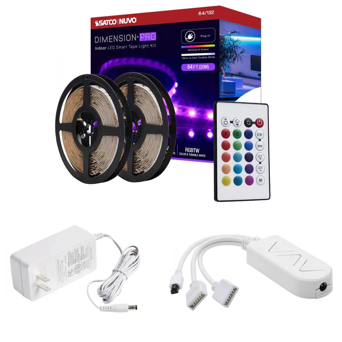 Dimension Pro LED Smart Tape Light Kit with Remote, 65ft Reel, Color Changing RGB and Tunable White, 24V, Plug Connection