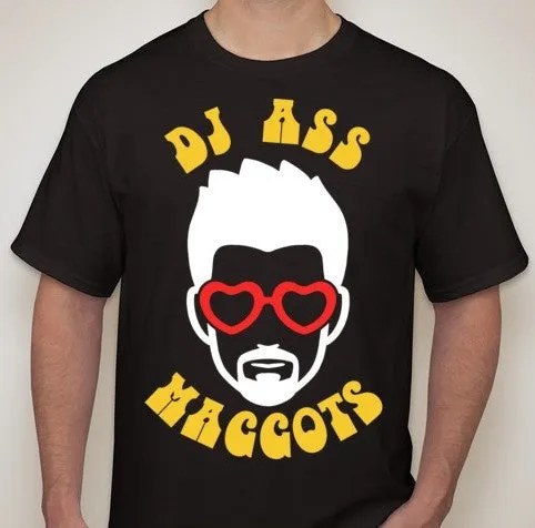 DJ Ass Maggots Round Logo Yellow Text Red Glasses T-shirt | Blasted Rat