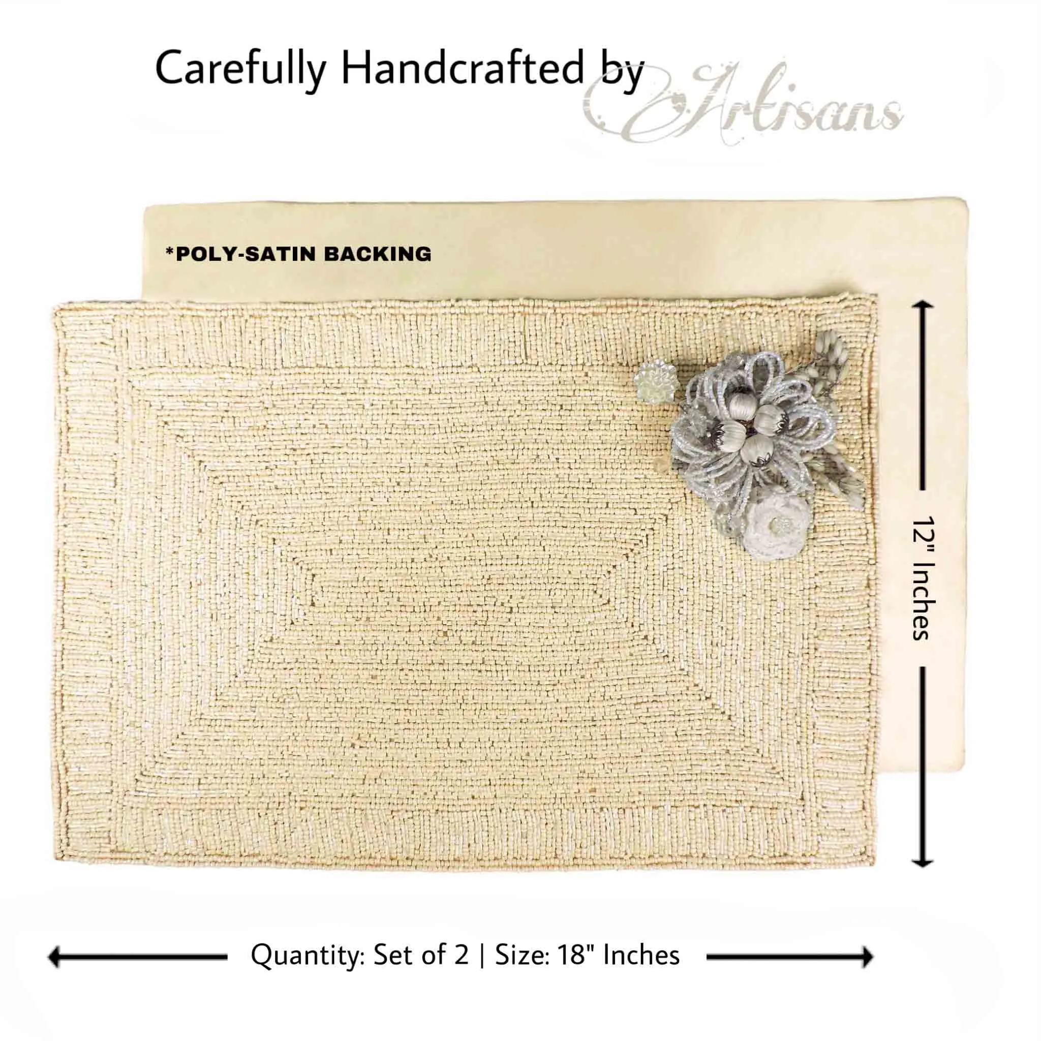 Handmade Bead Placemat with Flower in Cream, Set of 2