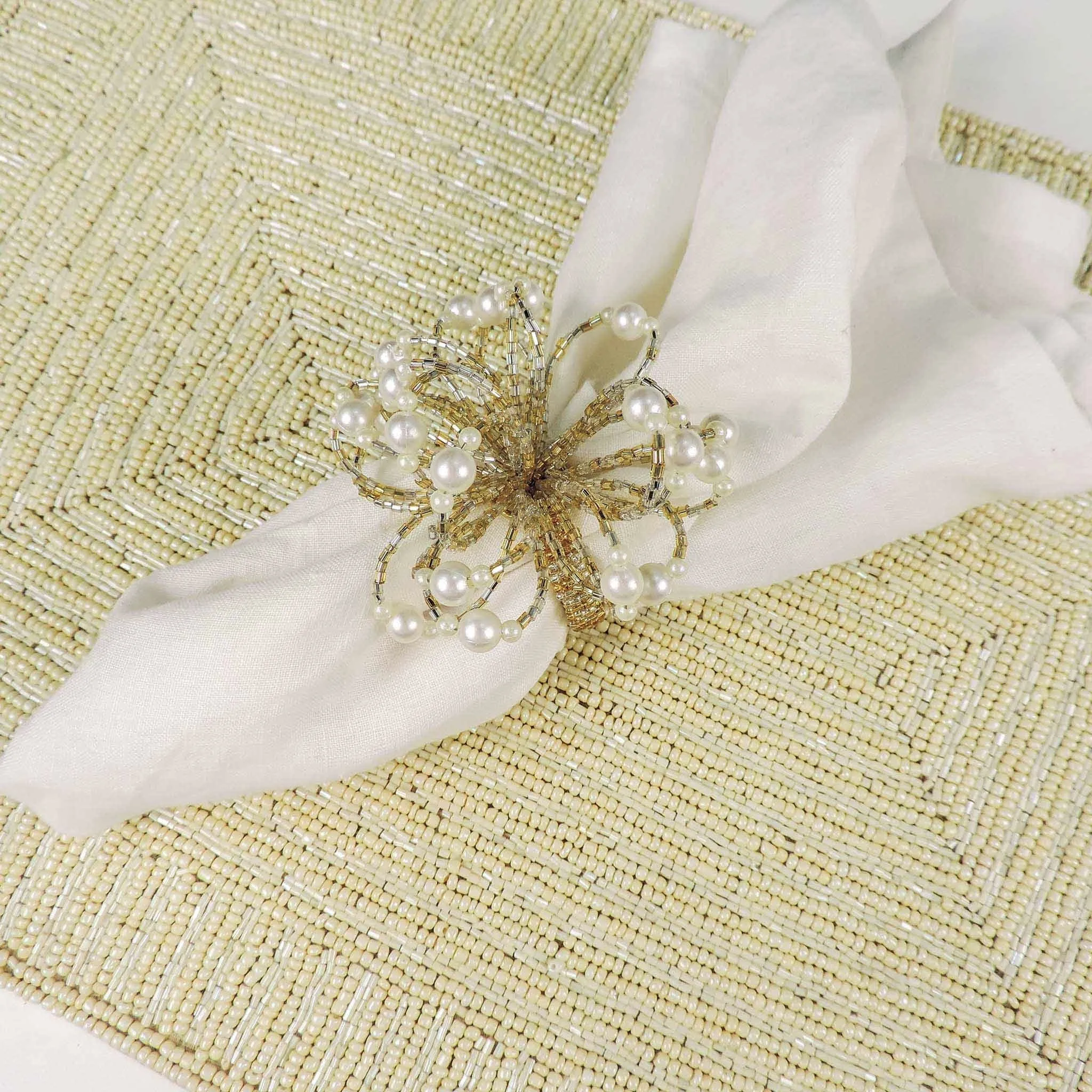 Handmade Bead Placemat with Flower in Cream, Set of 2