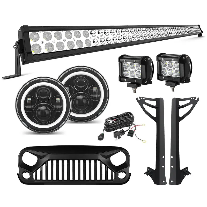 Jeep JK Light Bar Kit - Mega Bundle, Halo Headlights, Light Bar, Pod, Vader Grille