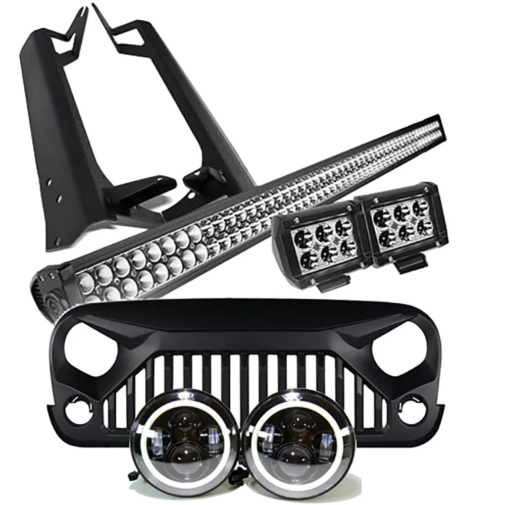 Jeep JK Light Bar Kit - Mega Bundle, Halo Headlights, Light Bar, Pod, Vader Grille