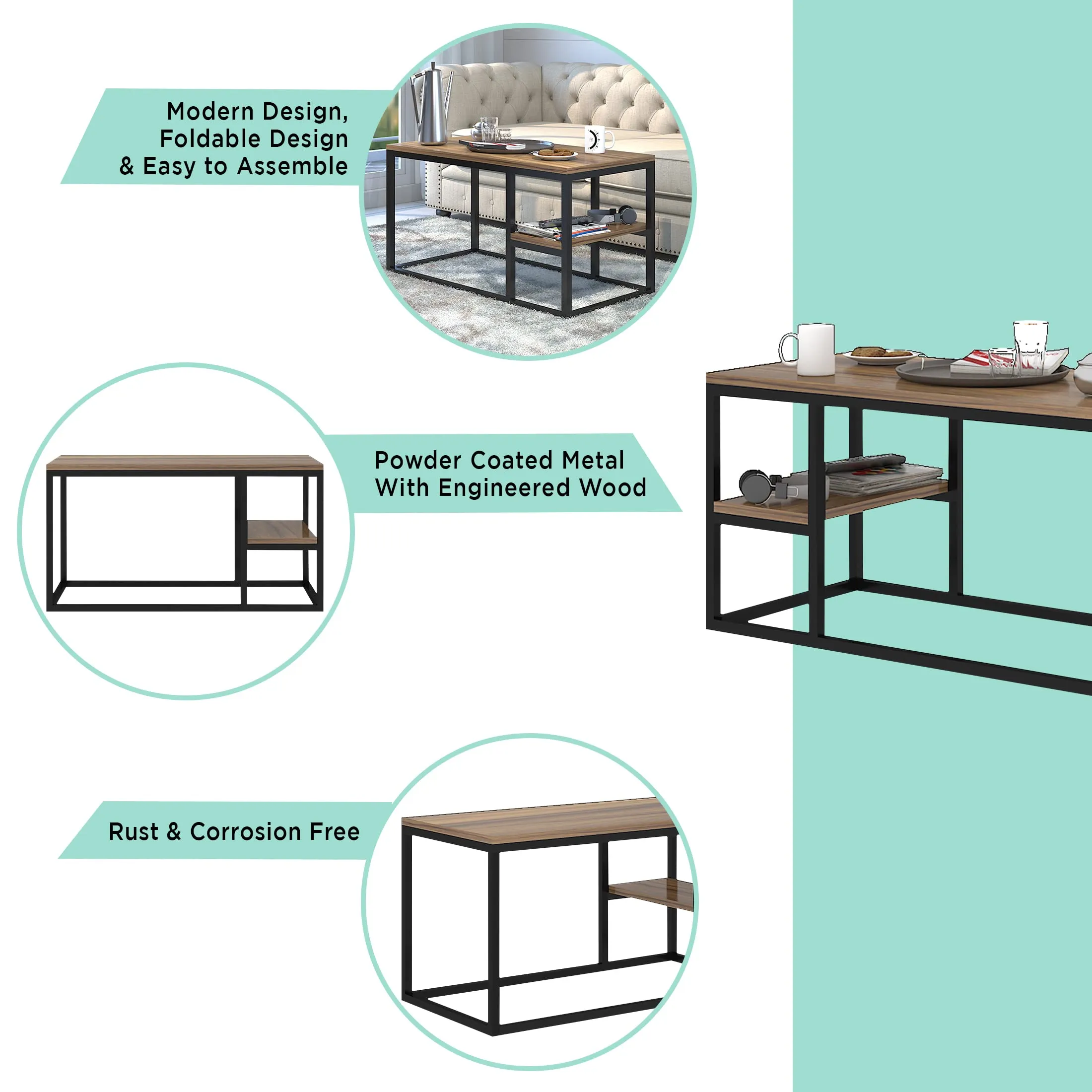 Klaxon Center Table for Living Room/Coffee Table for Living Room with Steel Legs/Outdoor Coffee Table for Balcony/Tea Table-Teapoy Table/Center Table for Office/Hall - Isla (Walnut & Black)