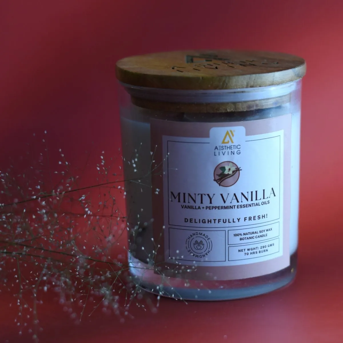 Minty Vanilla Candle I Peppermint Essential Oil Vanilla Botanic Candle I Wooden Wick I 350 gms