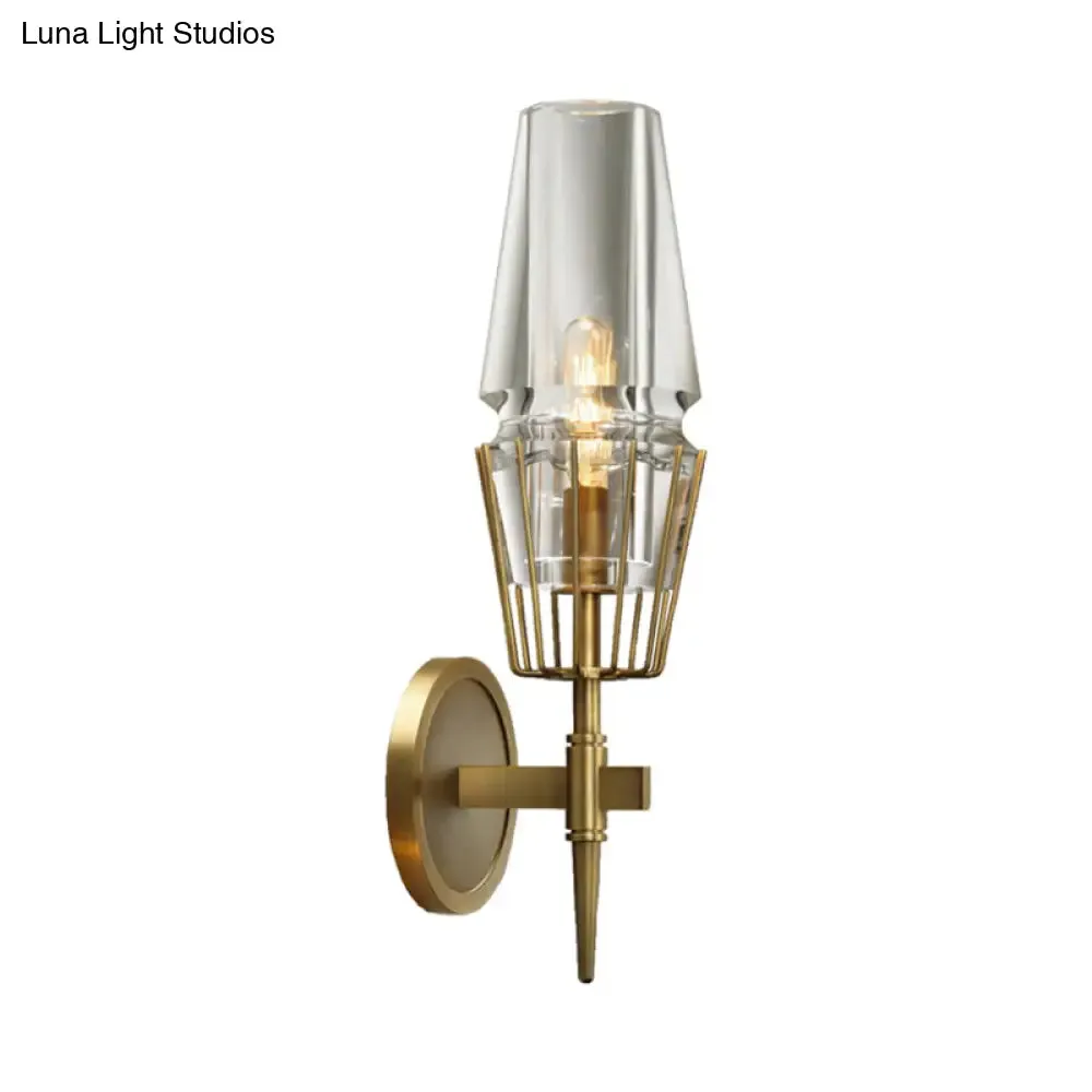 Modern Clear Glass Wall Sconce – Tapered Design, Gold Finish, 1/2 Mount Lights
