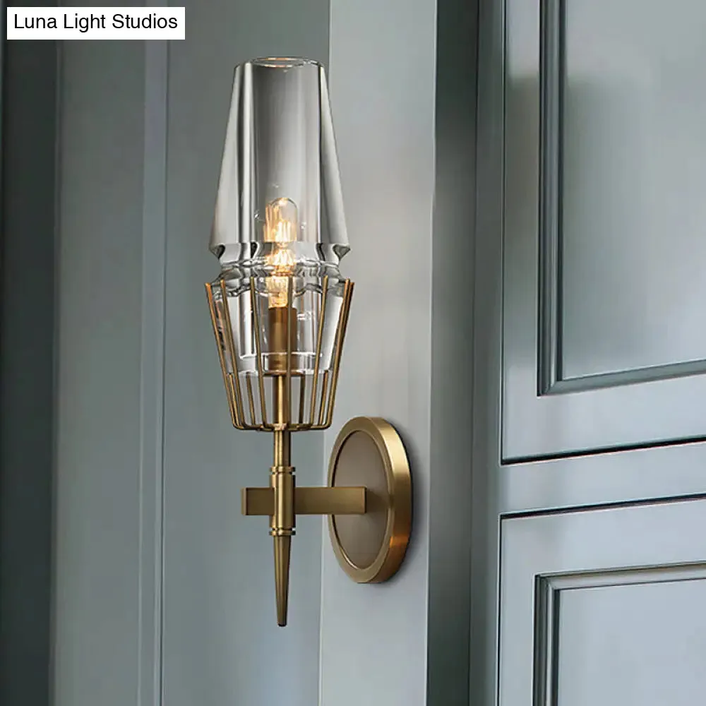 Modern Clear Glass Wall Sconce – Tapered Design, Gold Finish, 1/2 Mount Lights