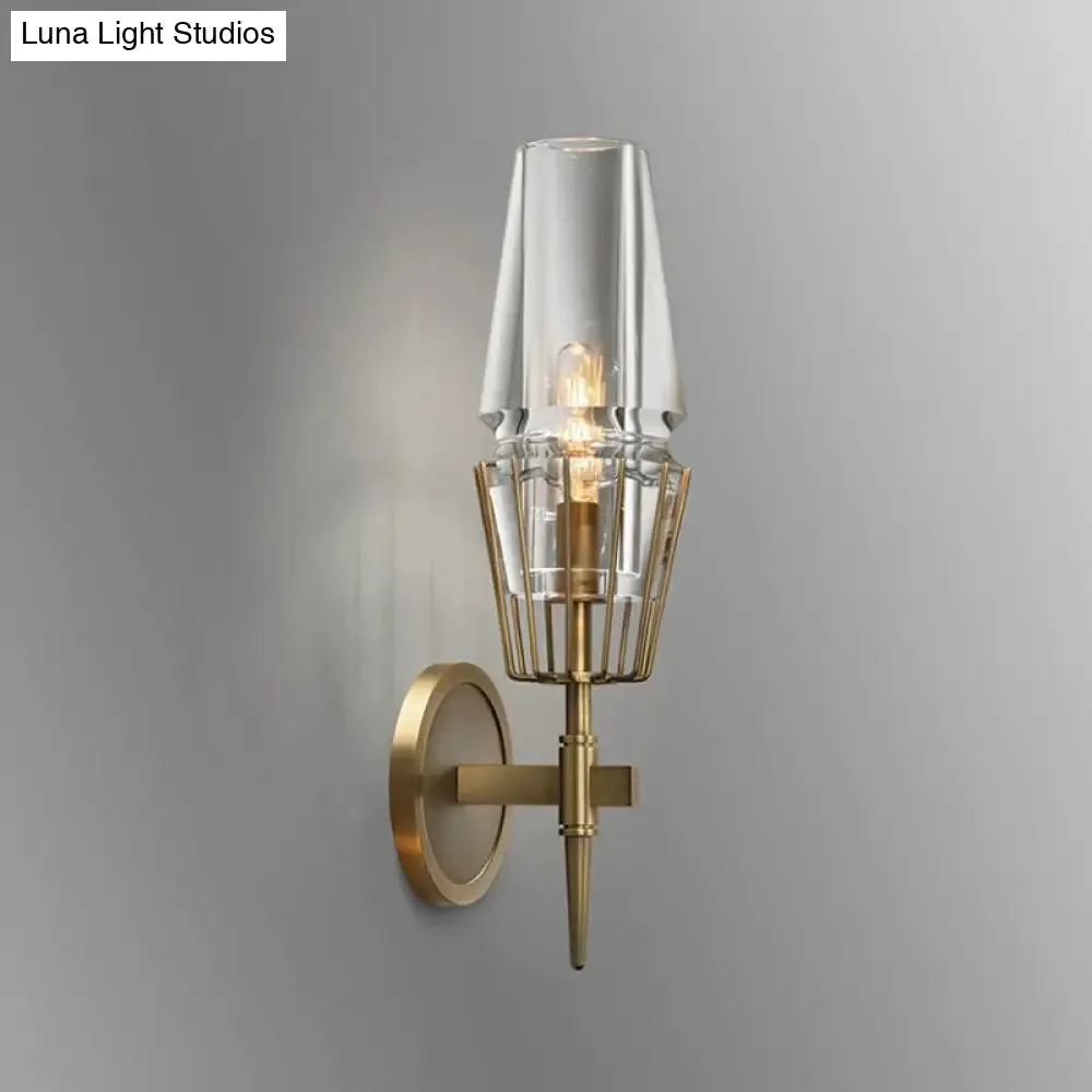 Modern Clear Glass Wall Sconce – Tapered Design, Gold Finish, 1/2 Mount Lights