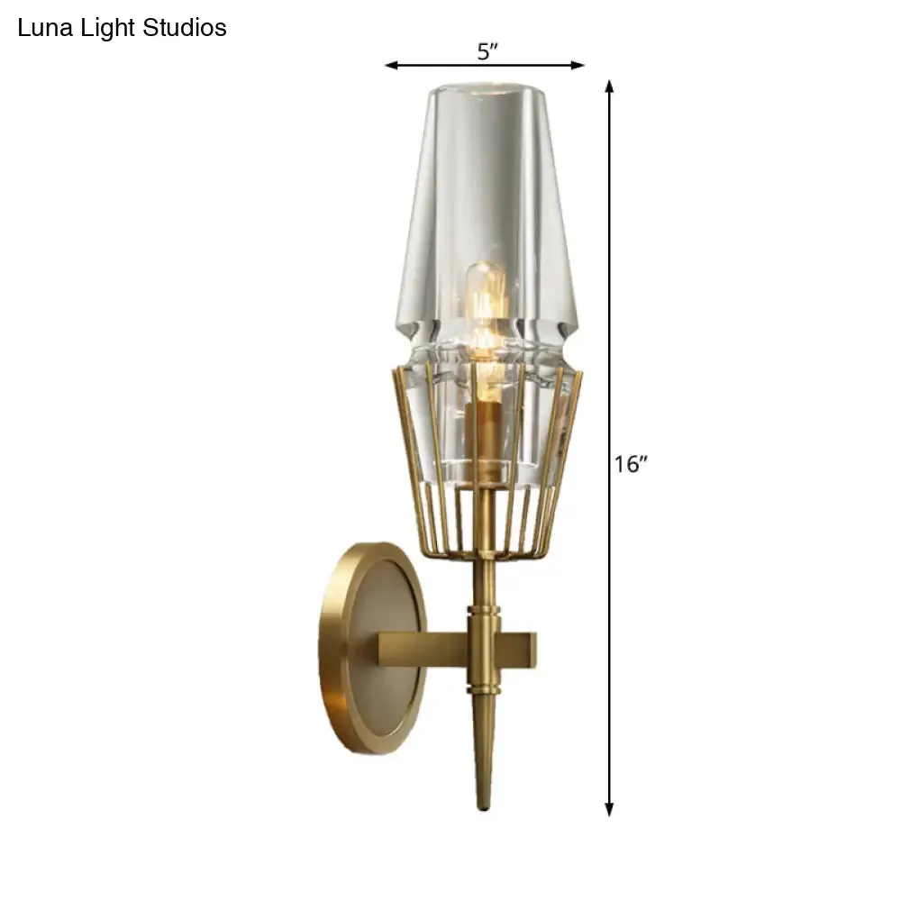 Modern Clear Glass Wall Sconce – Tapered Design, Gold Finish, 1/2 Mount Lights