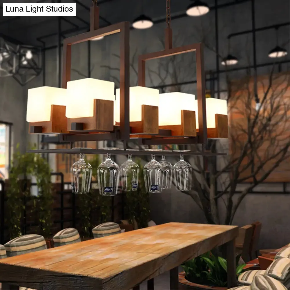 Rustic White Glass Square Restaurant Island Light with 8 Lights & Bronze Ceiling Mount - with/without Wine Glasses