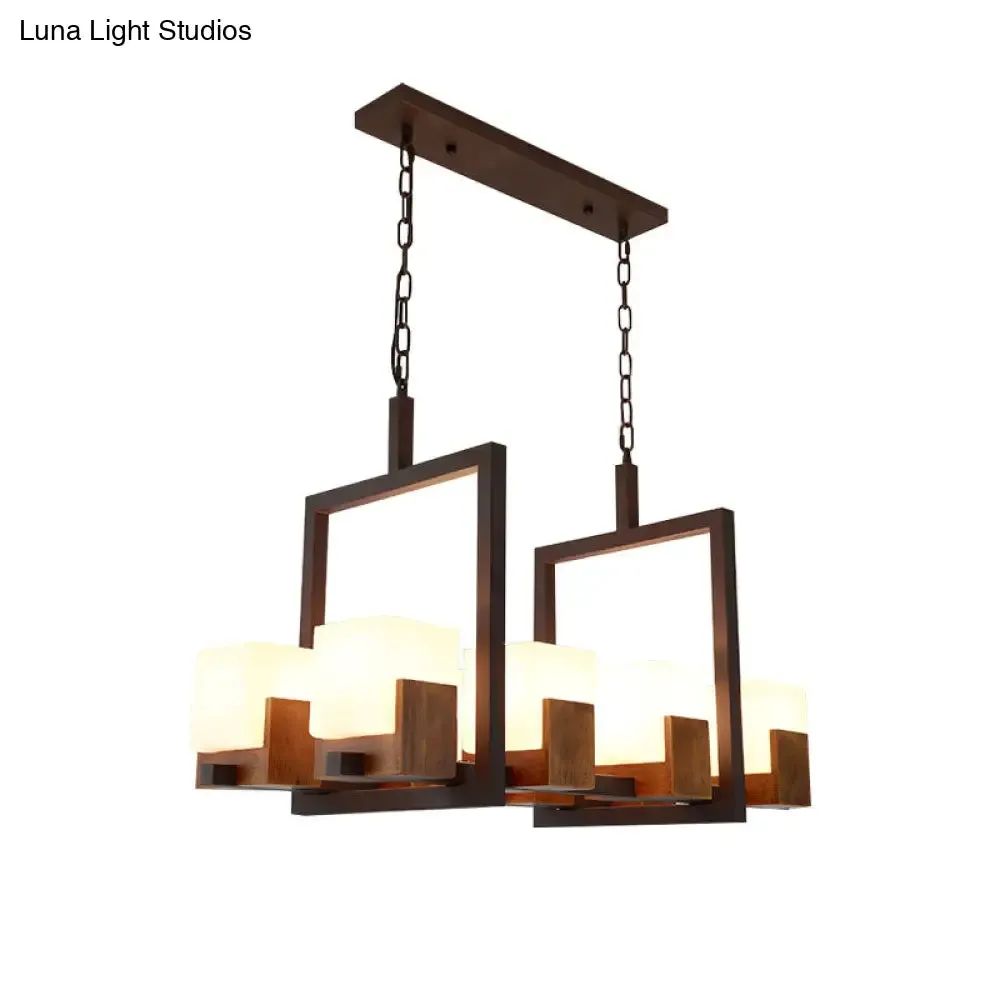 Rustic White Glass Square Restaurant Island Light with 8 Lights & Bronze Ceiling Mount - with/without Wine Glasses