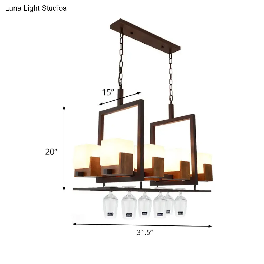 Rustic White Glass Square Restaurant Island Light with 8 Lights & Bronze Ceiling Mount - with/without Wine Glasses