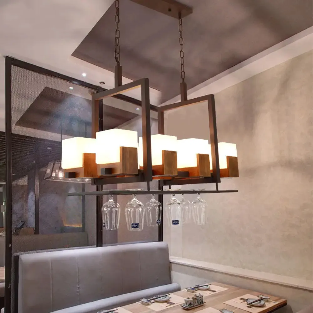 Rustic White Glass Square Restaurant Island Light with 8 Lights & Bronze Ceiling Mount - with/without Wine Glasses