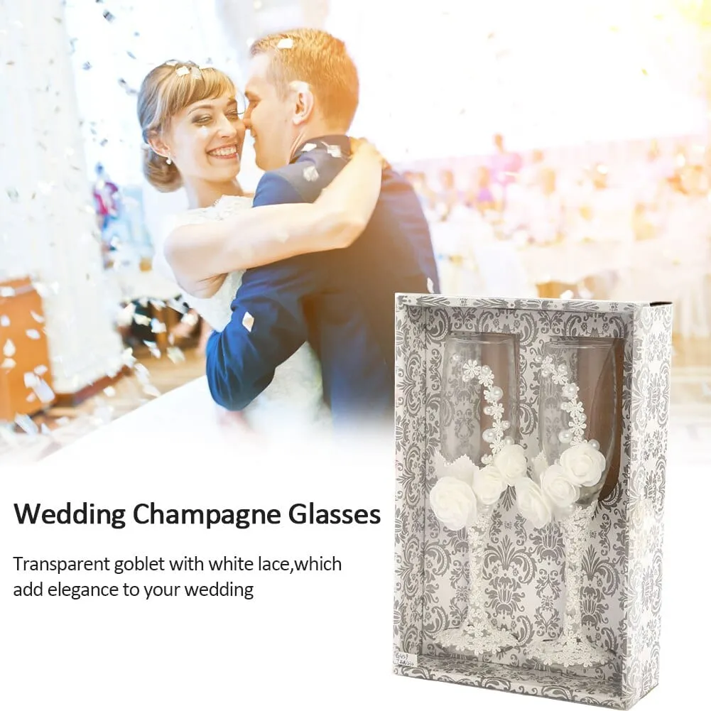 Two Bridal Groom Wedding Led Free Crystal Champagne Wine Glasses Set of Two