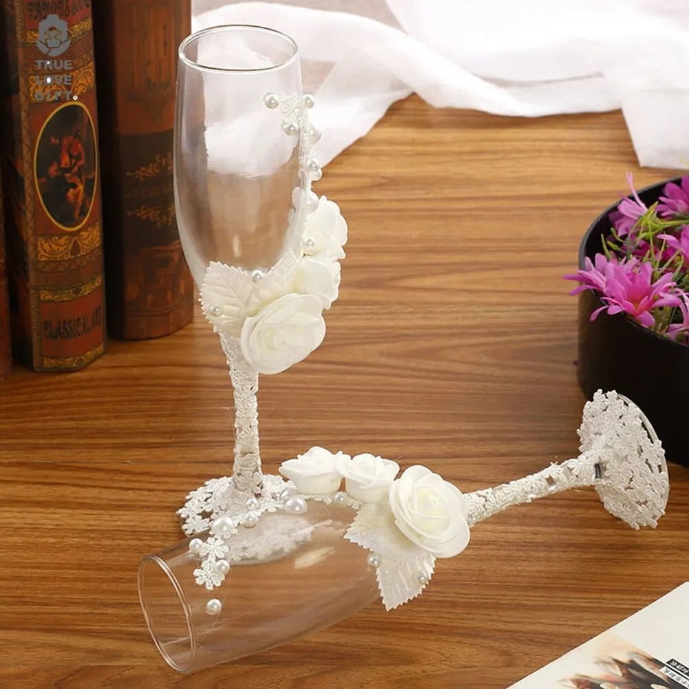 Two Bridal Groom Wedding Led Free Crystal Champagne Wine Glasses Set of Two
