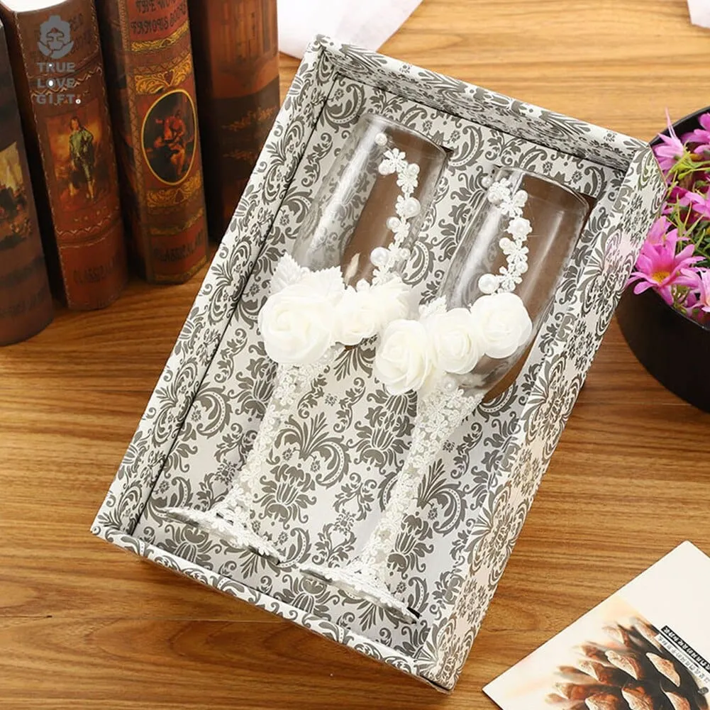 Two Bridal Groom Wedding Led Free Crystal Champagne Wine Glasses Set of Two